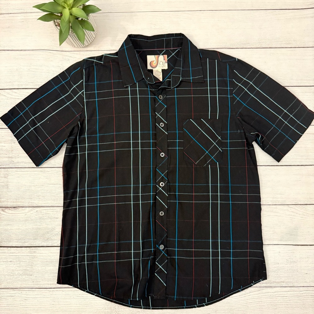 🌾 Retro Inspired OP Black and Blue Plaid Casual Button Down Shirt